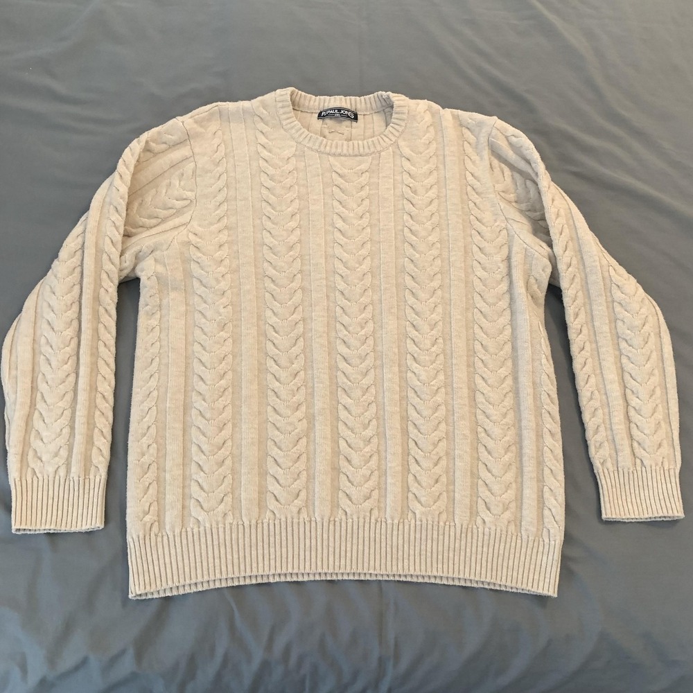 PJPAUL JONES Sweater Mens 2XL White Cable Knit‎ Crewneck Long Sleeve Pullover